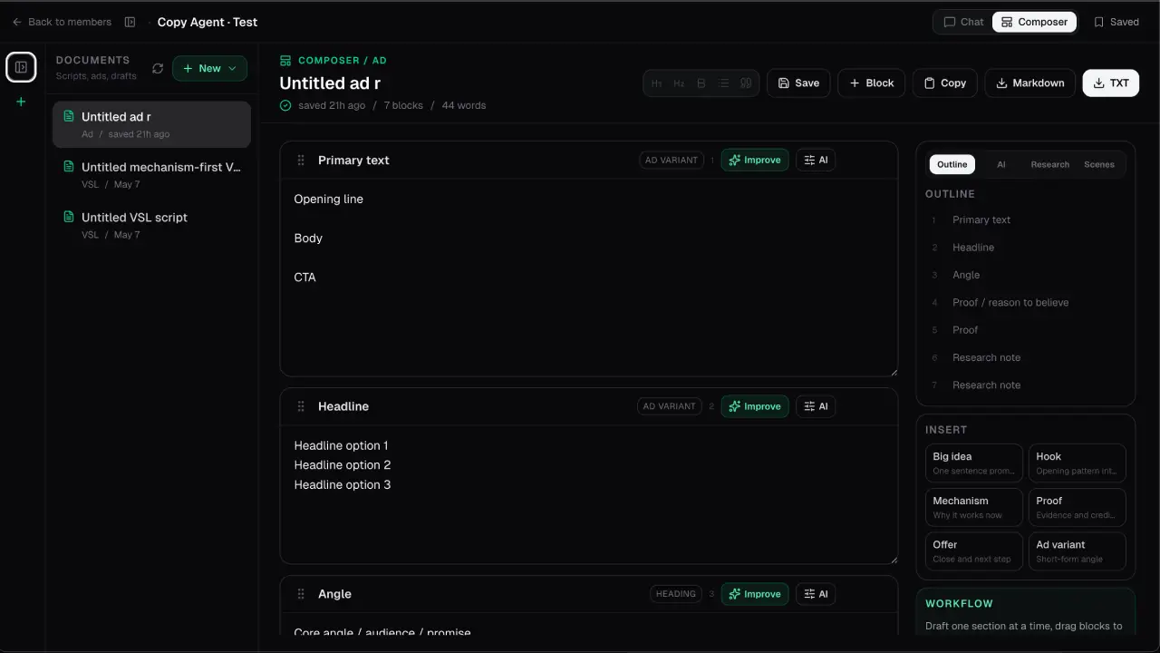 Daily Intel Service AI composer for structured copy research