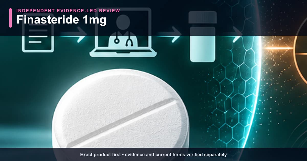 Finasteride 1mg independent review illustration showing the exact product and its evidence-verification path.