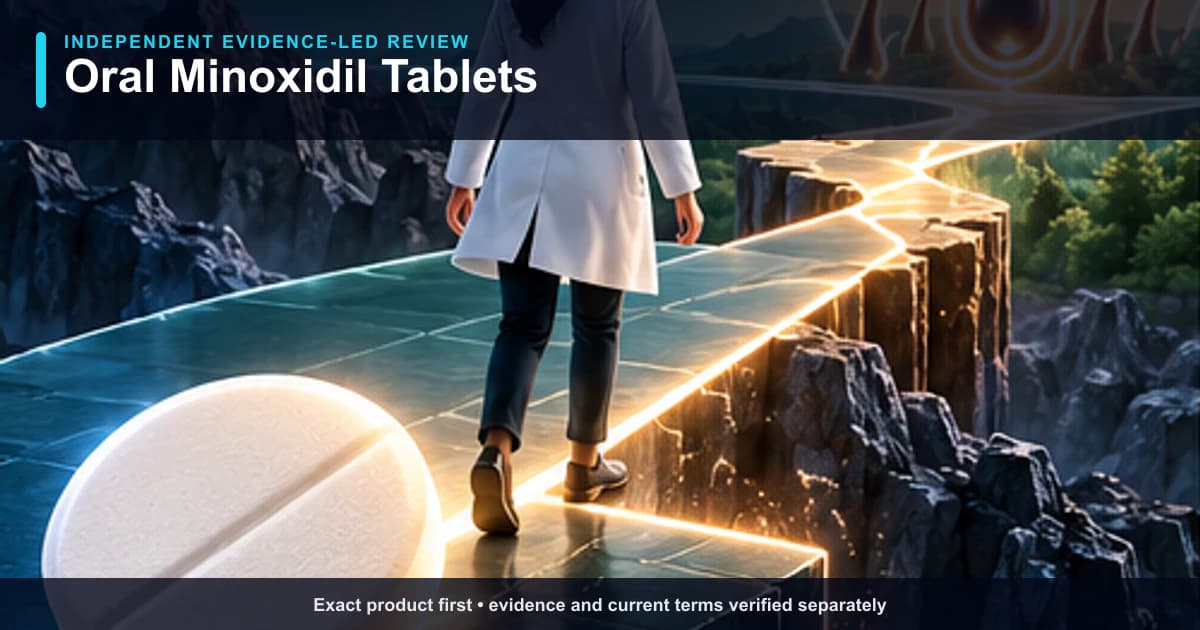 Oral Minoxidil Tablets independent review illustration showing the exact product and its evidence-verification path.