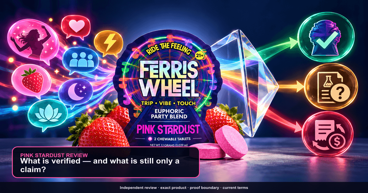 Pink Stardust pouch passing colorful seller claims through a transparent evidence prism into verified identity, an unresolved product-proof question, and commercial terms to check.