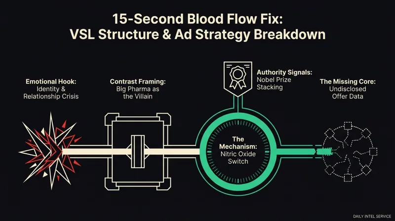 Two-slide critical breakdown of the Blood Flow Fix VSL, showing its emotional hook, nitric-oxide mechanism claim, authority signals and missing product evidence.