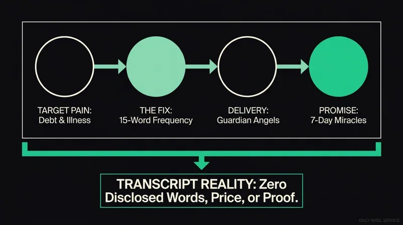 Two-slide analysis of the 15-word Angelic Prayer VSL: its pain-to-promise sequence and an evidence gate marking key claims as unverified.