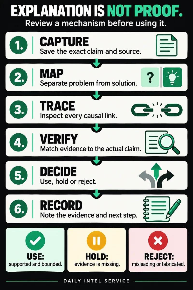 Six-step mechanism review infographic: capture, map, trace, verify, decide and record, ending in use, hold or reject.