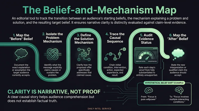 Six-part belief-and-mechanism map: starting belief, problem mechanism, solution mechanism, causal sequence, evidence status and qualified target belief. Text explanation follows.