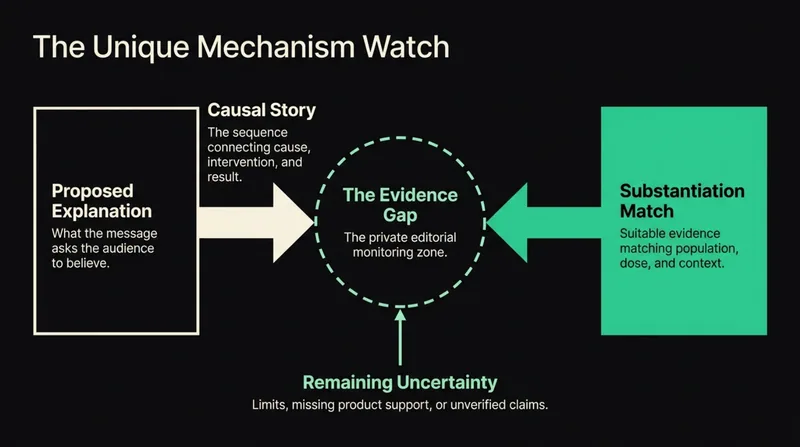 Mechanism review diagram connecting a proposed explanation, causal story, matching evidence and remaining uncertainty. Full explanation and two-slide PDF follow.